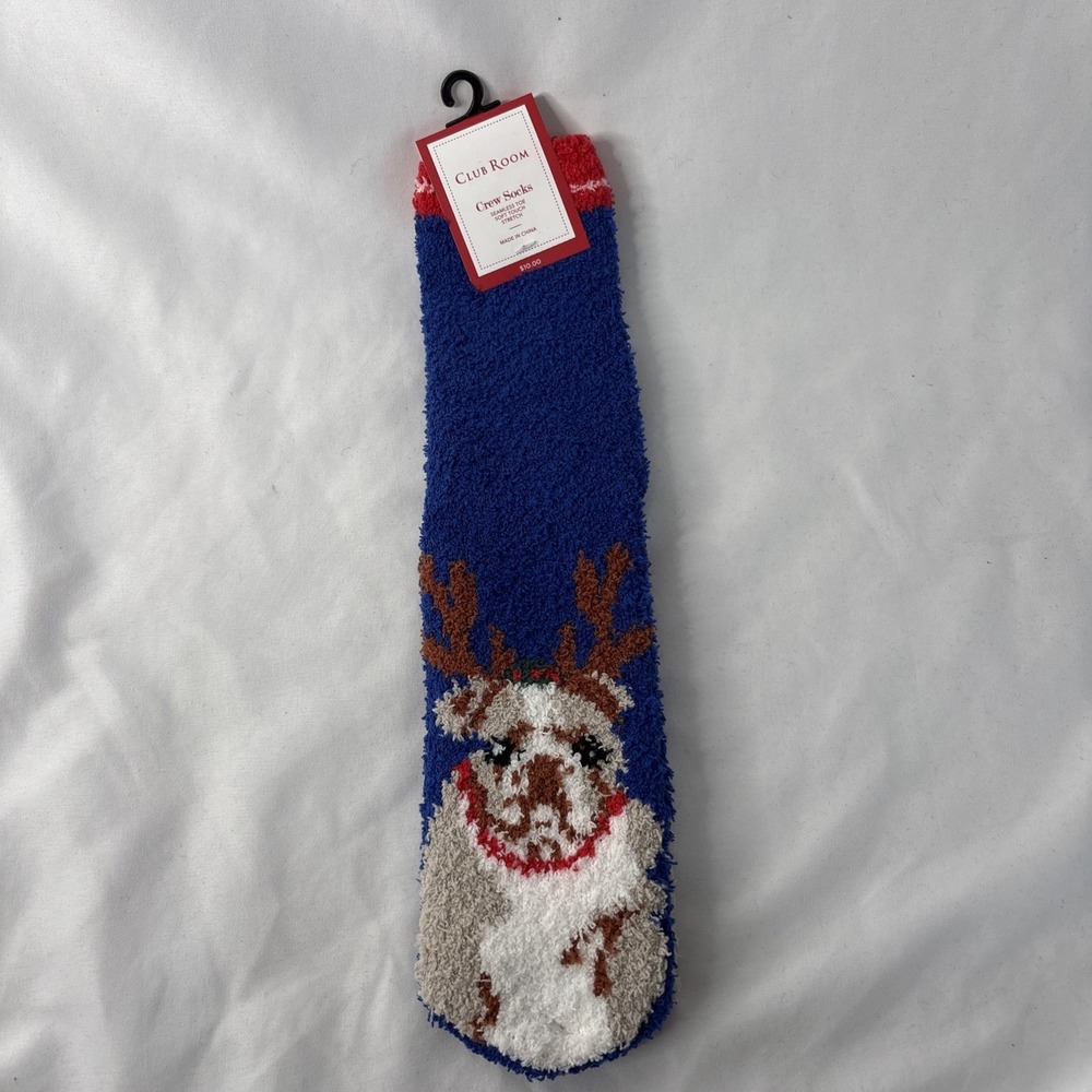 Club Room Xmas Bulldog‎ Novelty Christmas Crew Socks Non-Slip Grip OSFM